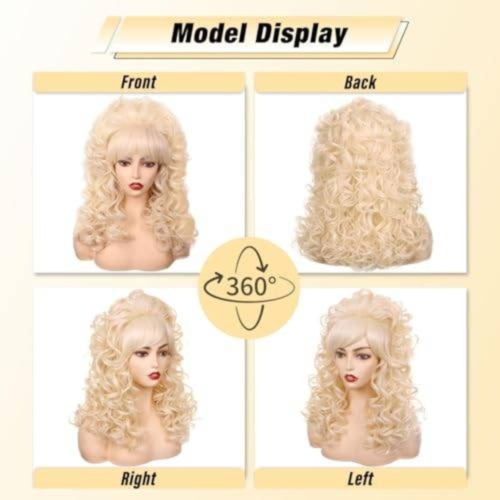 Long Blonde Curly Wig with Bangs Voluminous Platinum Cosplay Drag Costume Wig - Picture 3 of 3